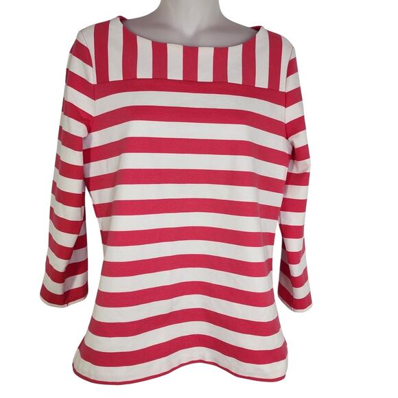 Talbots Top Small Coral White Striped Knit Gold Zipper Detail 3/4 Sleeves Nautic - Picture 1 of 11